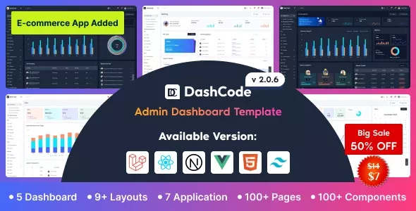 DashCode 2.0.7 – 后台管理模板 包含React、Vuejs、NextJs、Laravel、HTML、Tailwind