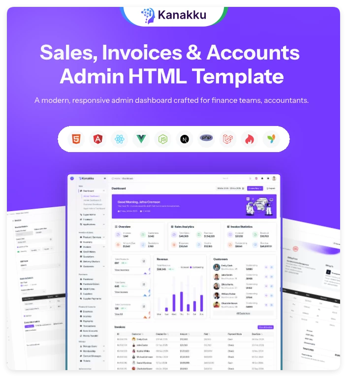 Kanakku - 2.0.4 财务、会计和发票仪表板模板(React、Angular、Laravel、HTML) Kanakku - 2.0.4 财务、会计和发票仪表板模板(React、Angular、Laravel、HTML)